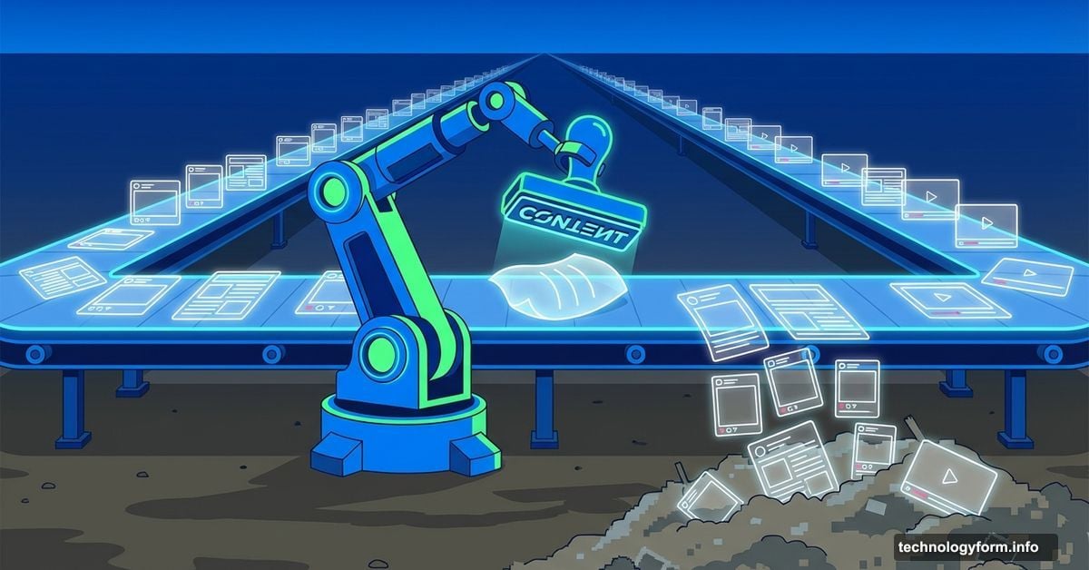 Robot assembly line mass-producing hollow fake social media posts endlessly