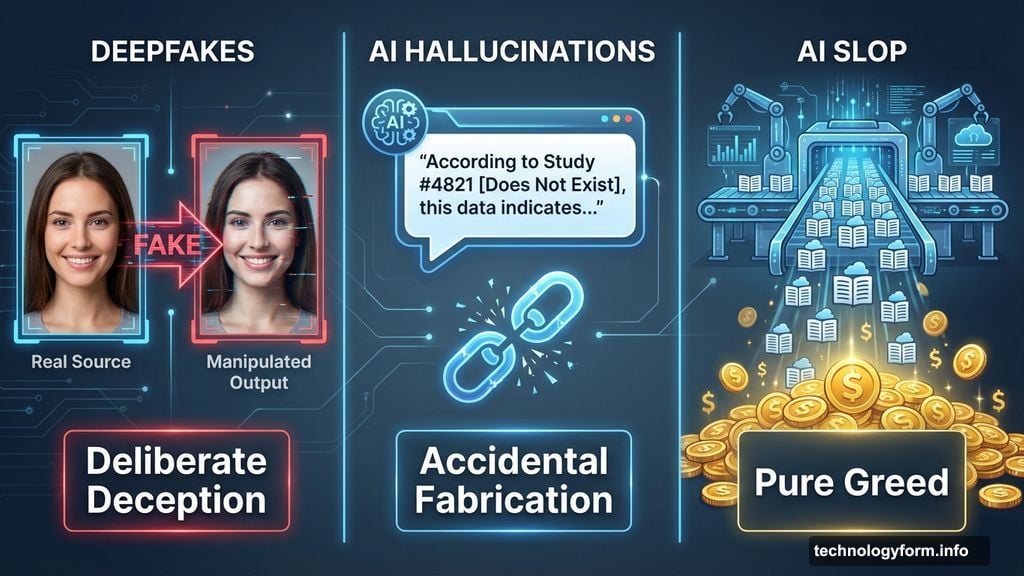 Deepfakes deceive on purpose, hallucinations fabricate, AI slop floods out of greed
