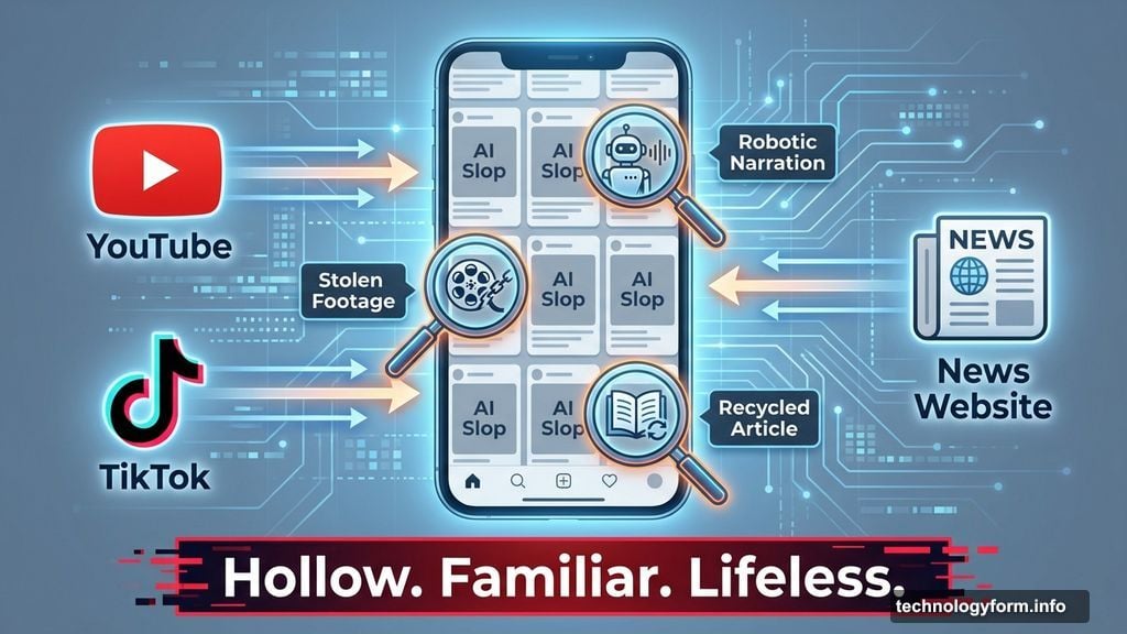 Social media feed drowning in hollow, lifeless, AI-generated slop posts