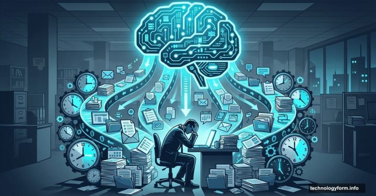 Overwhelmed worker drowning in AI-generated tasks under glowing AI brain