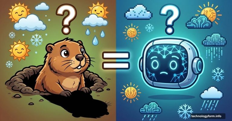 Groundhog and AI chatbot facing each other, equally confused about weather prediction