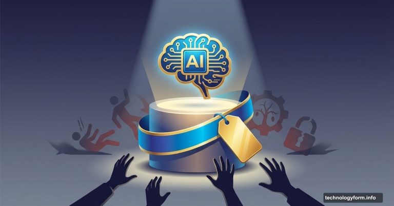 Shiny AI product on pedestal with hidden warning symbols in shadows