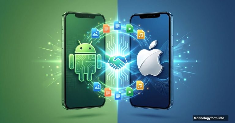 Android and Apple phones connected by glowing bridge sharing files