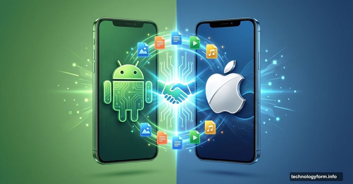 Android and Apple phones connected by glowing bridge sharing files