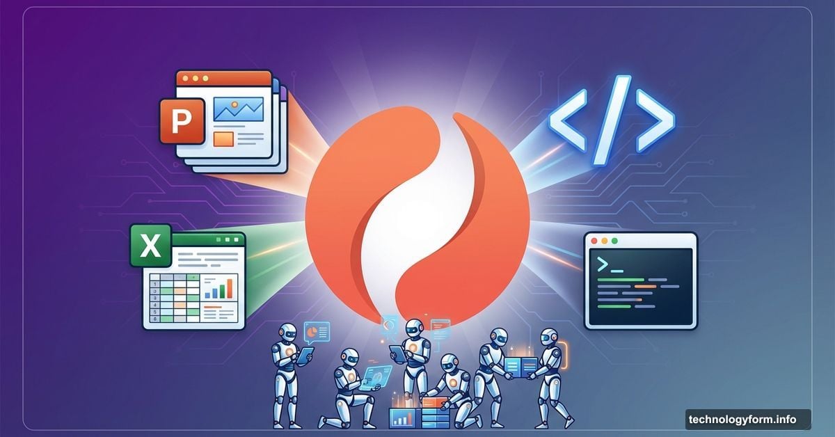 Claude Opus AI logo with coding and business productivity icons radiating outward