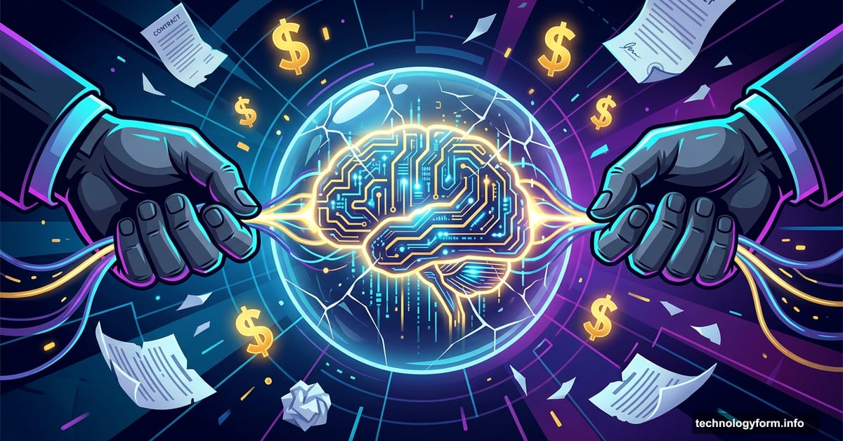 Corporate hands fighting over a glowing AI brain with dollar signs.