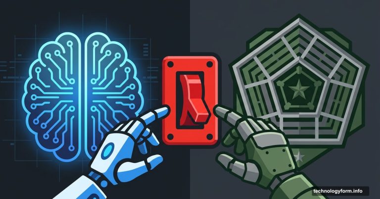 Anthropic AI symbol and Pentagon shield competing for control switch
