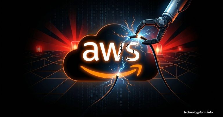 AI robot arm unplugging AWS cloud logo causing outage