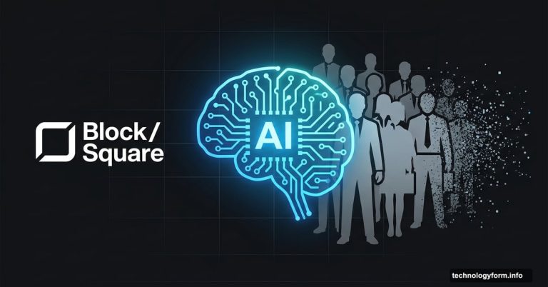 AI brain symbol replacing human workers at Block fintech company