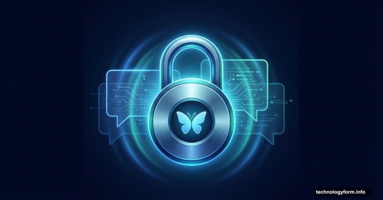 Glowing padlock merging with Bluesky butterfly icon symbolizing encrypted messaging