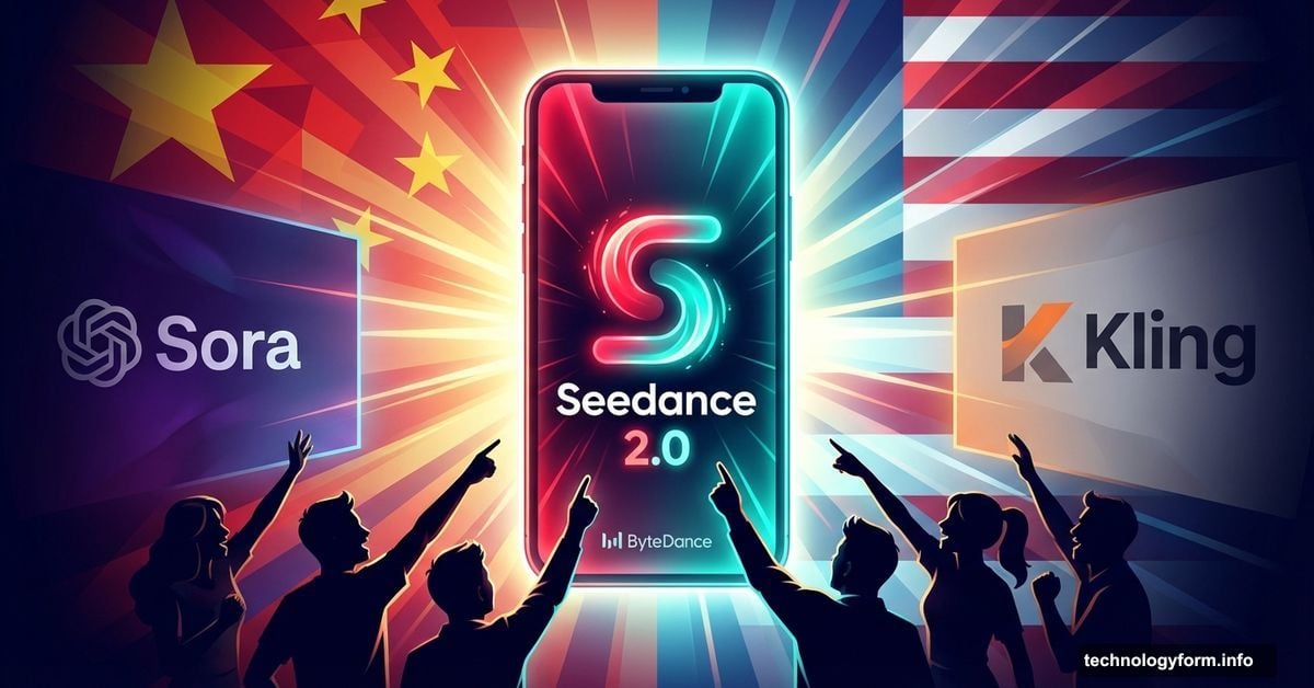 Seedance 2.0 logo dominating screen overshadowing Sora in AI video competition
