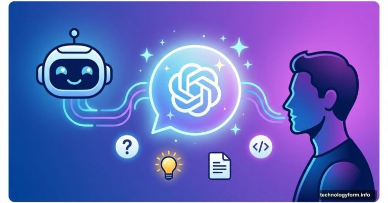 Human figure conversing with AI chat interface and ChatGPT logo
