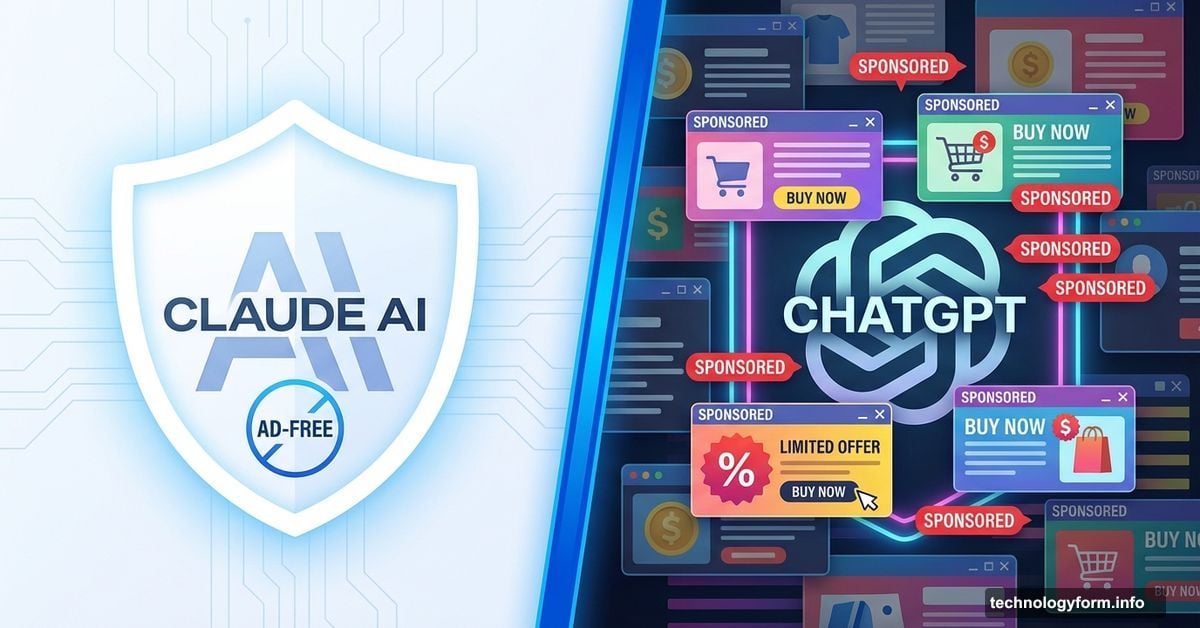 Claude ad-free shield versus ChatGPT surrounded by sponsored advertisements