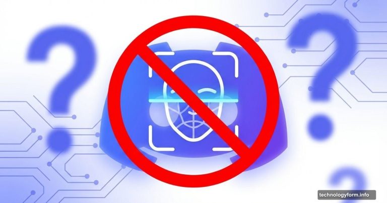 Discord logo with prohibition symbol over facial recognition scan icon