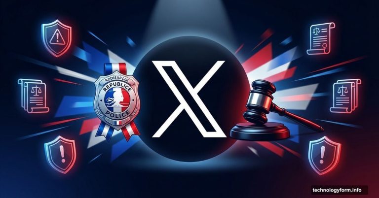 X platform logo surrounded by French police and legal investigation symbols