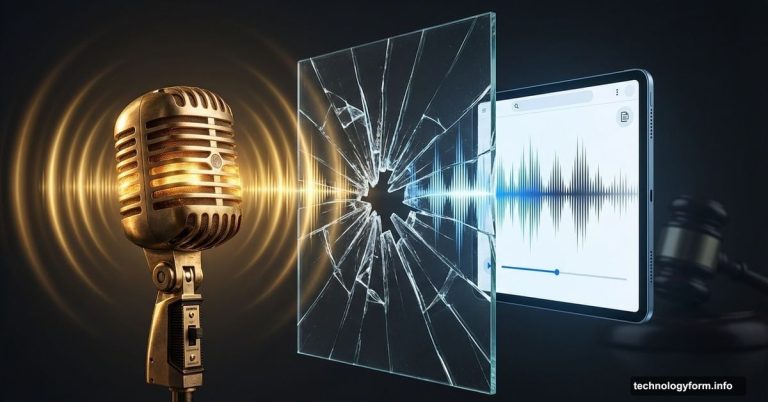 Radio microphone facing AI sound waves split by cracked glass