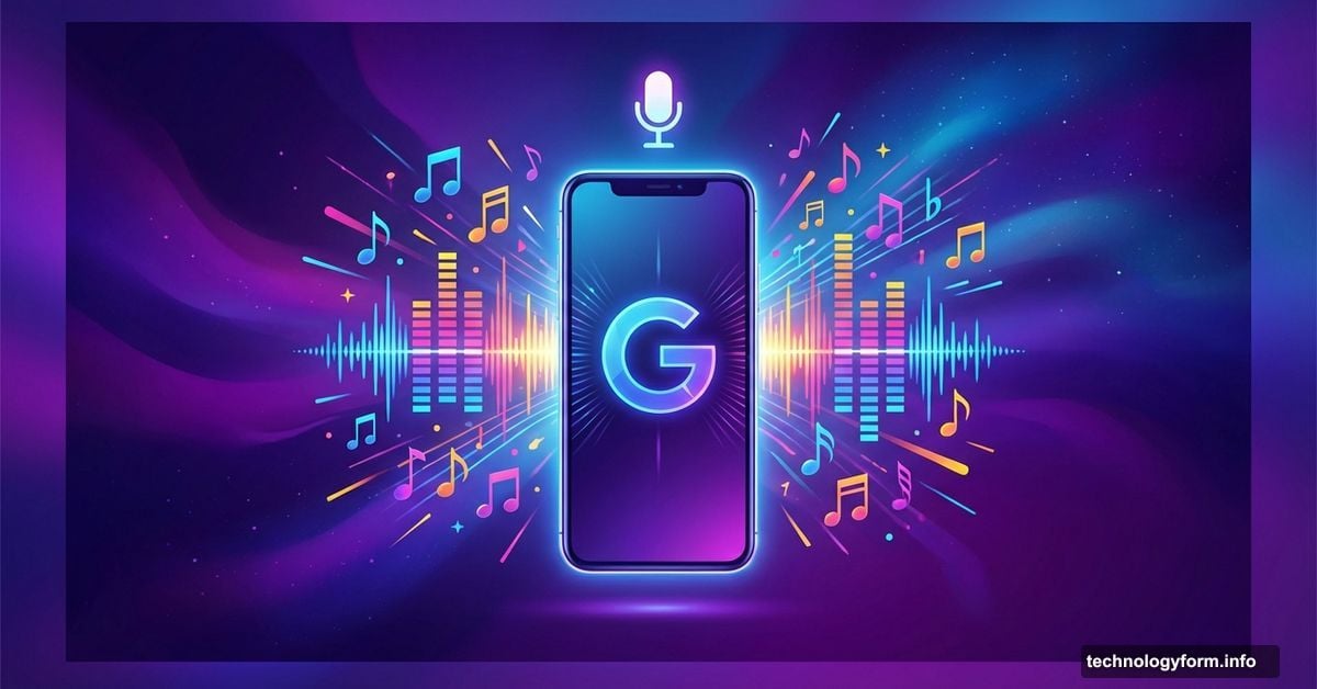 Google Gemini app on smartphone with colorful AI-generated musical notes bursting outward