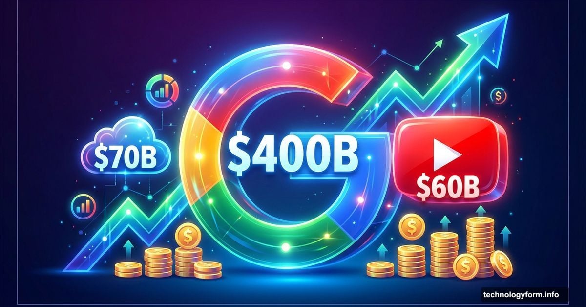 Google logo with $400 billion revenue and YouTube earnings highlighted