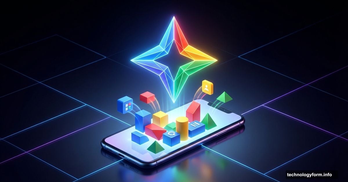 Glowing AI star automatically building a mobile app with 3D blocks.