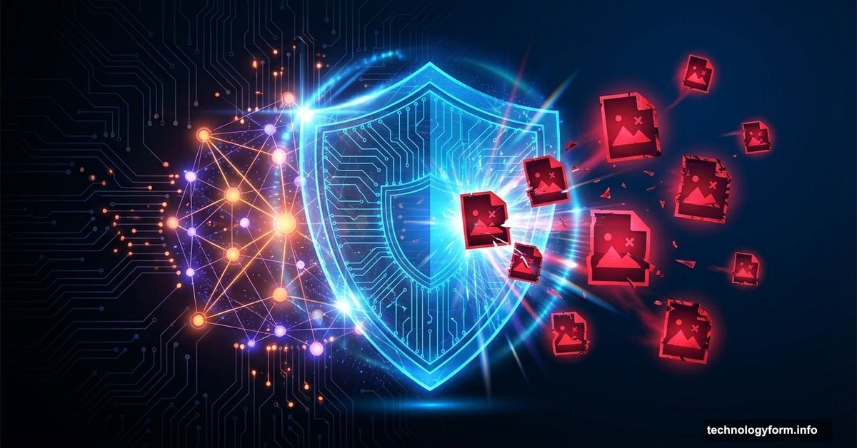 Glowing digital shield blocking corrupted red image files from an AI core.