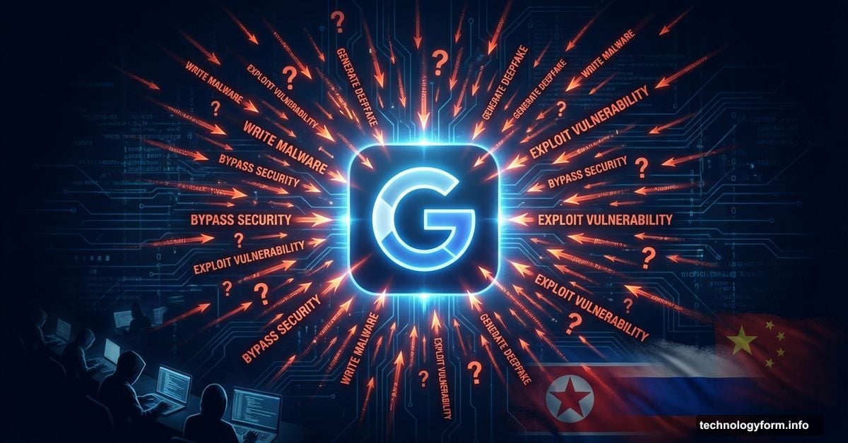 Google Gemini AI logo surrounded by flood of attacking prompts