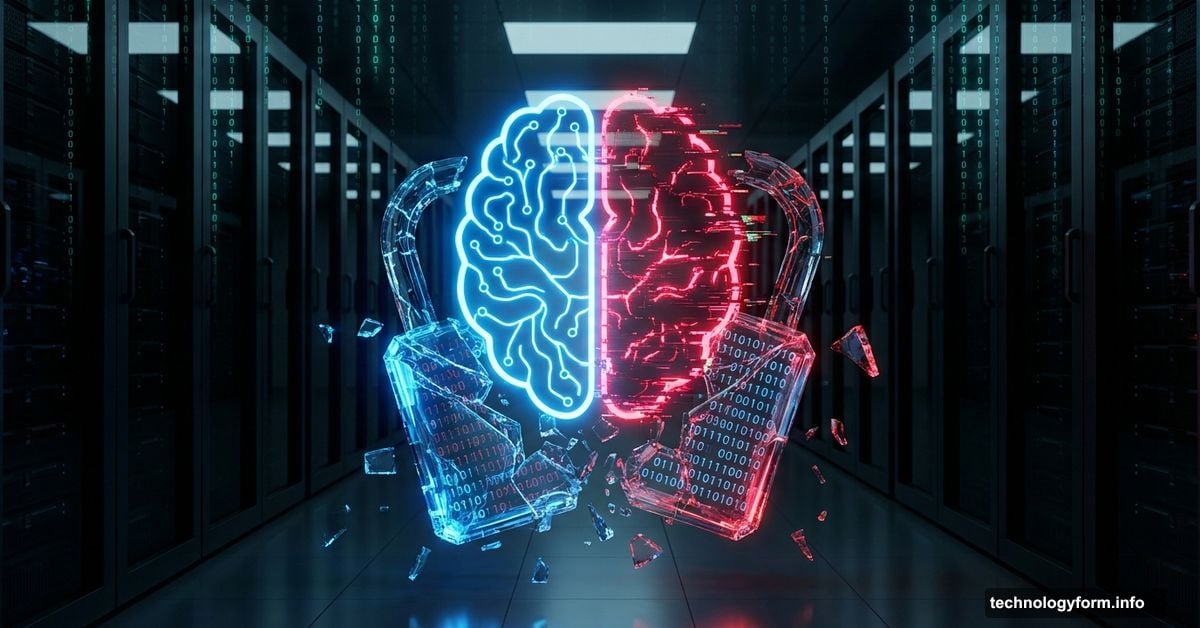Corrupted AI brain breaking out of a shattered digital security padlock.