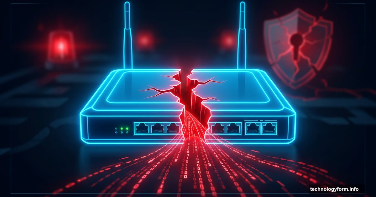 A cracked enterprise network router leaking red digital data streams.