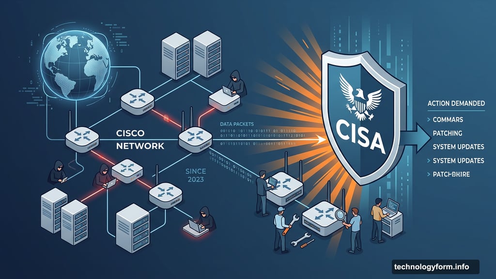 Modern minimalist illustration 1 for: Hackers Secretly Bleeding Cisco Networks Since 2023. Now CISA Demands Action