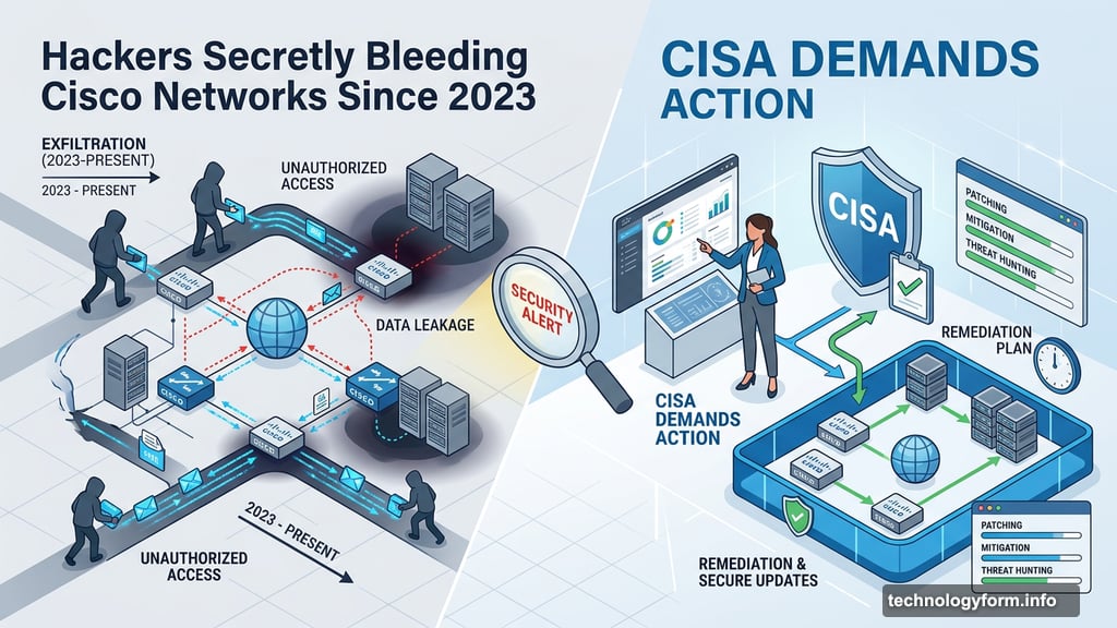Modern minimalist illustration 2 for: Hackers Secretly Bleeding Cisco Networks Since 2023. Now CISA Demands Action