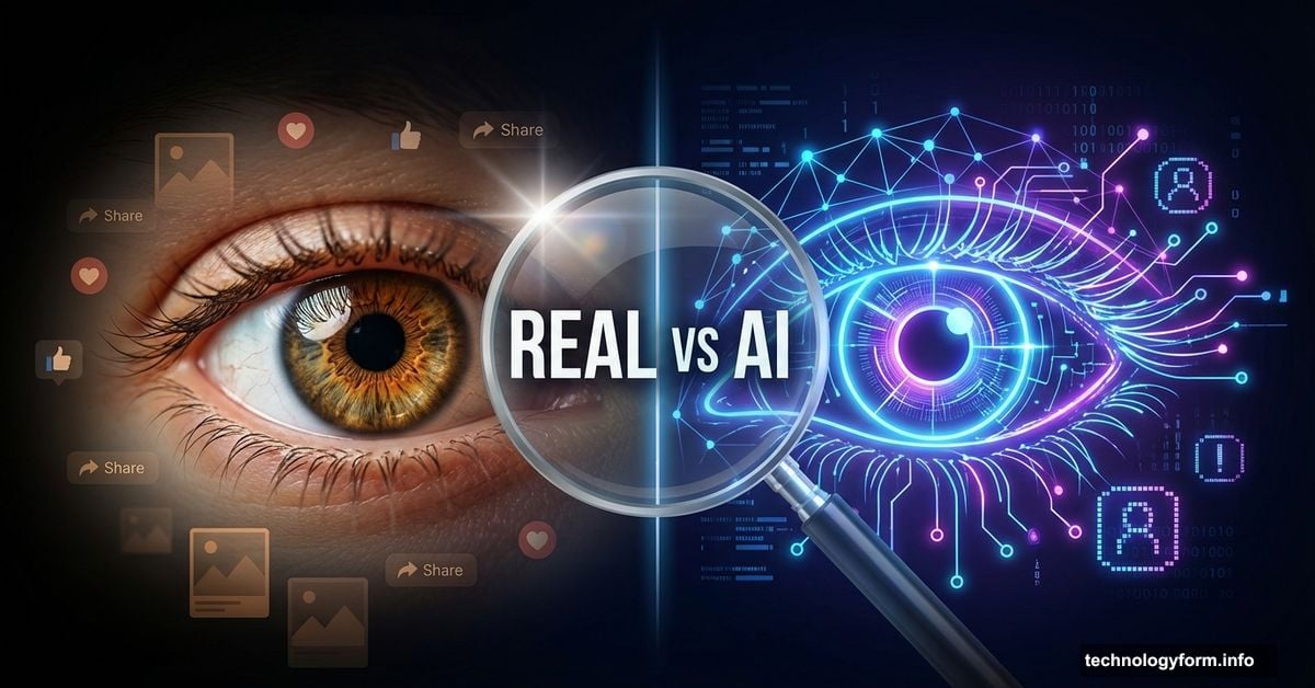Human eye versus AI eye split image representing difficulty spotting fake content