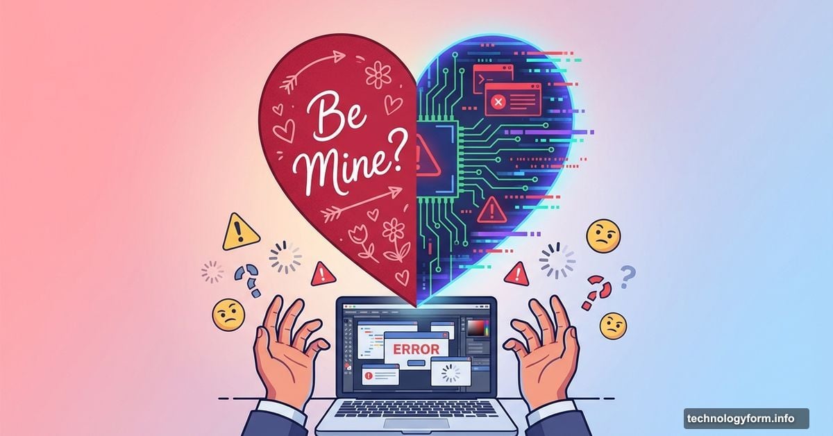 Valentine card split between traditional and glitchy AI-generated halves