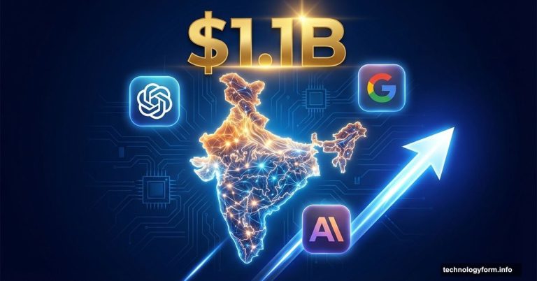 Glowing map of India surrounded by AI company logos and investment figures