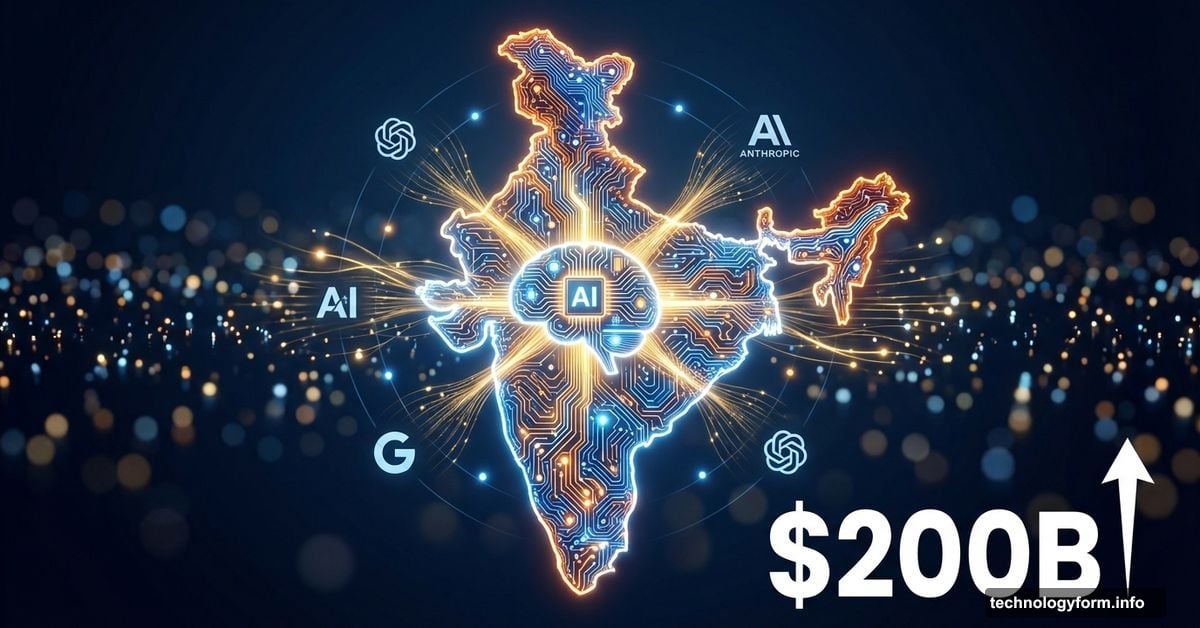 India AI summit glowing map with neural network and billion-dollar investment icons