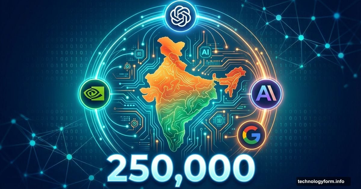India map surrounded by major AI company logos and investment symbols