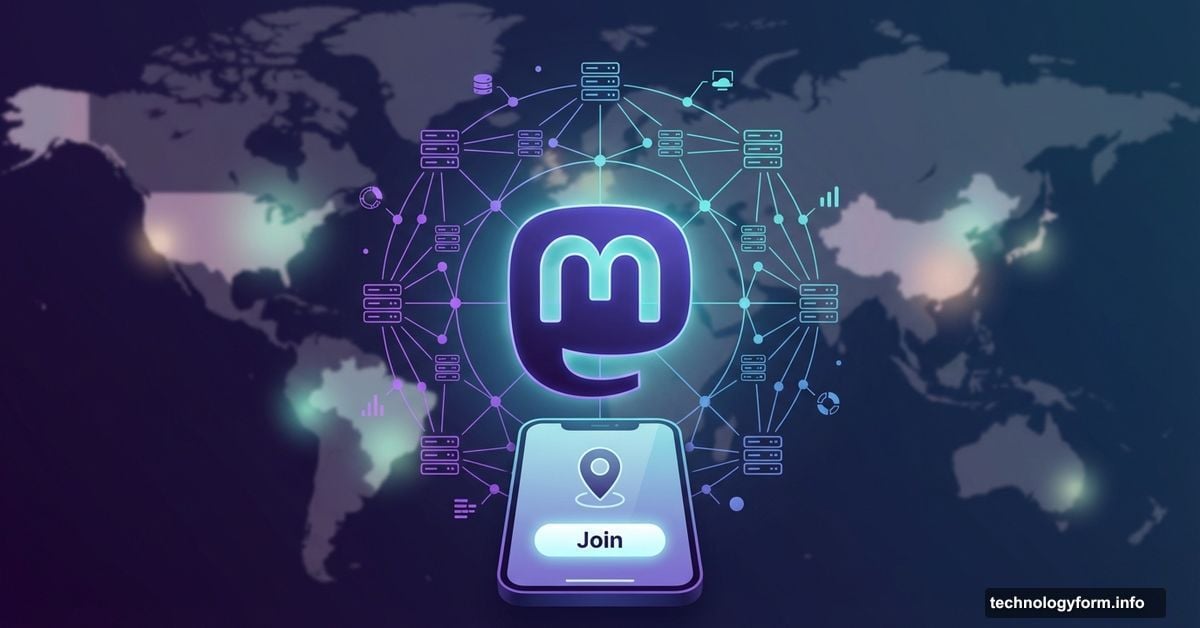 Mastodon elephant logo connected to fediverse servers with smartphone onboarding screen