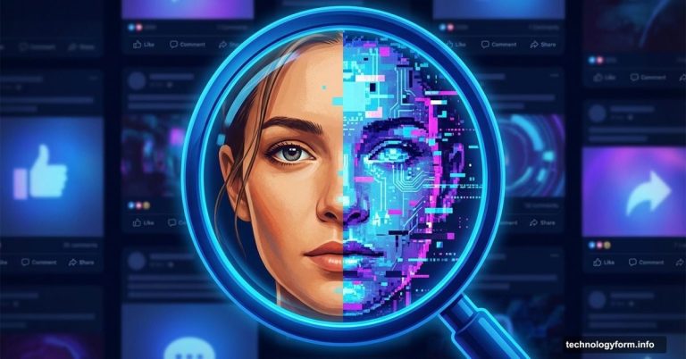 Split human and AI face under magnifying glass on social media