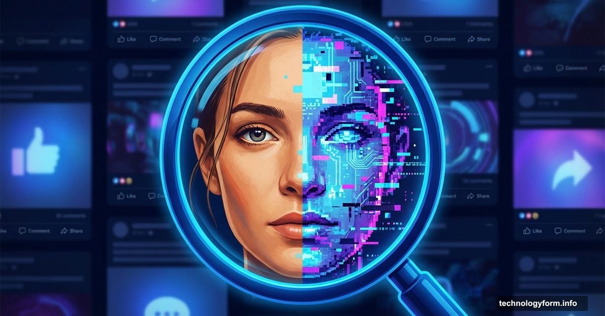 Split human and AI face under magnifying glass on social media