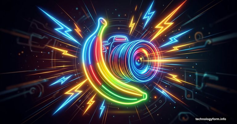Glowing neon banana and camera lens representing fast AI image generation.