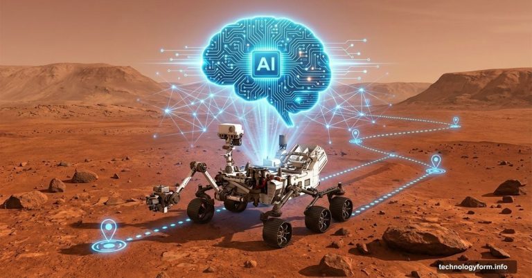 NASA Mars Perseverance rover guided by glowing AI brain on red Martian terrain