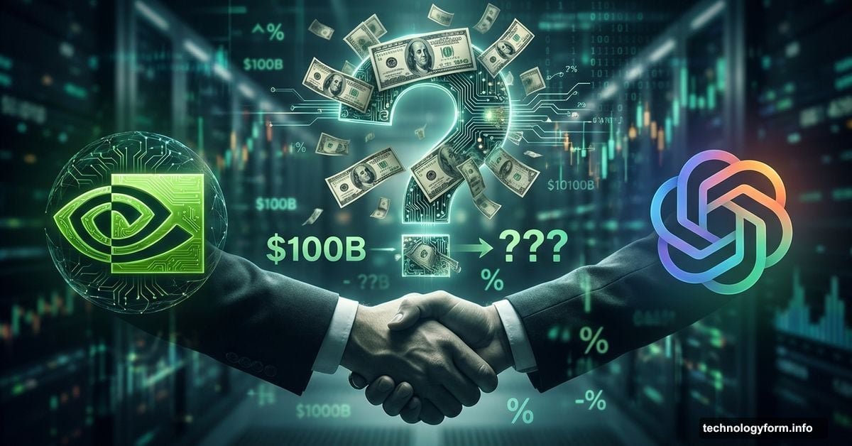 NVIDIA and OpenAI logos with question mark symbolizing investment confusion