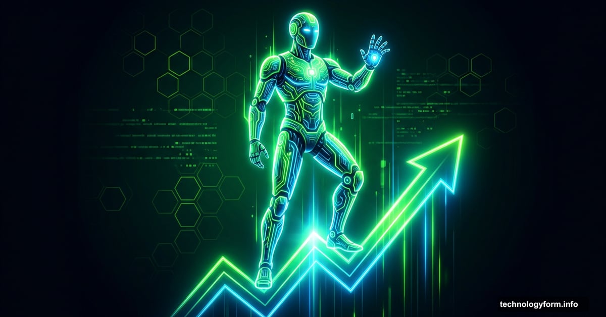 Glowing AI robot rising at inflection point on upward graph curve