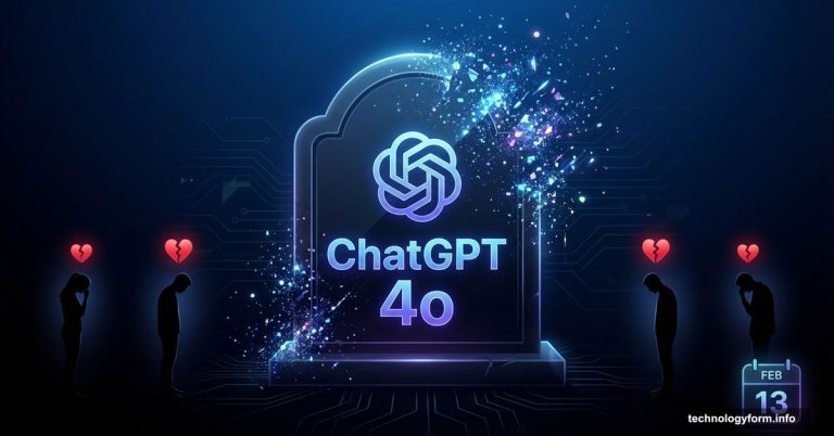 ChatGPT-4o logo dissolving on tombstone with heartbroken users surrounding it