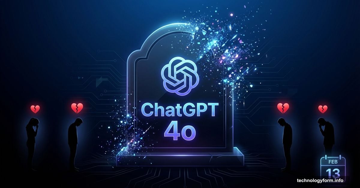 ChatGPT-4o logo dissolving on tombstone with heartbroken users surrounding it