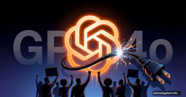 OpenAI logo being unplugged with protesting user silhouettes below
