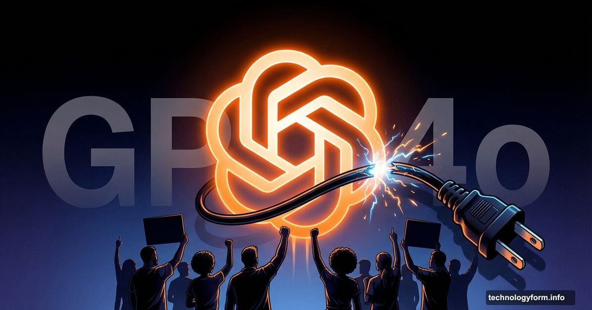 OpenAI logo being unplugged with protesting user silhouettes below