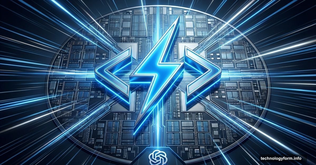 Lightning bolt merged with code symbol over silicon wafer chip
