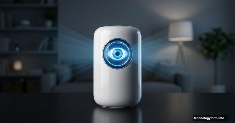 Sleek AI smart speaker with glowing camera eye scanning surroundings