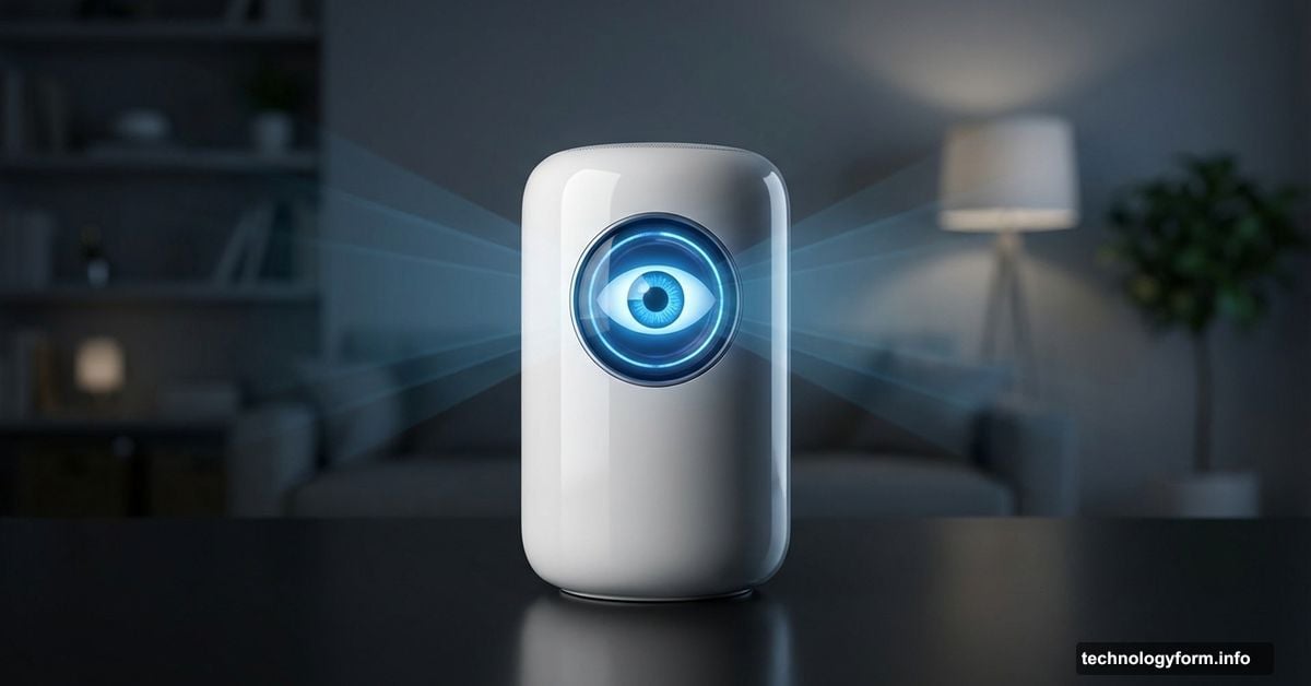 Sleek AI smart speaker with glowing camera eye scanning surroundings