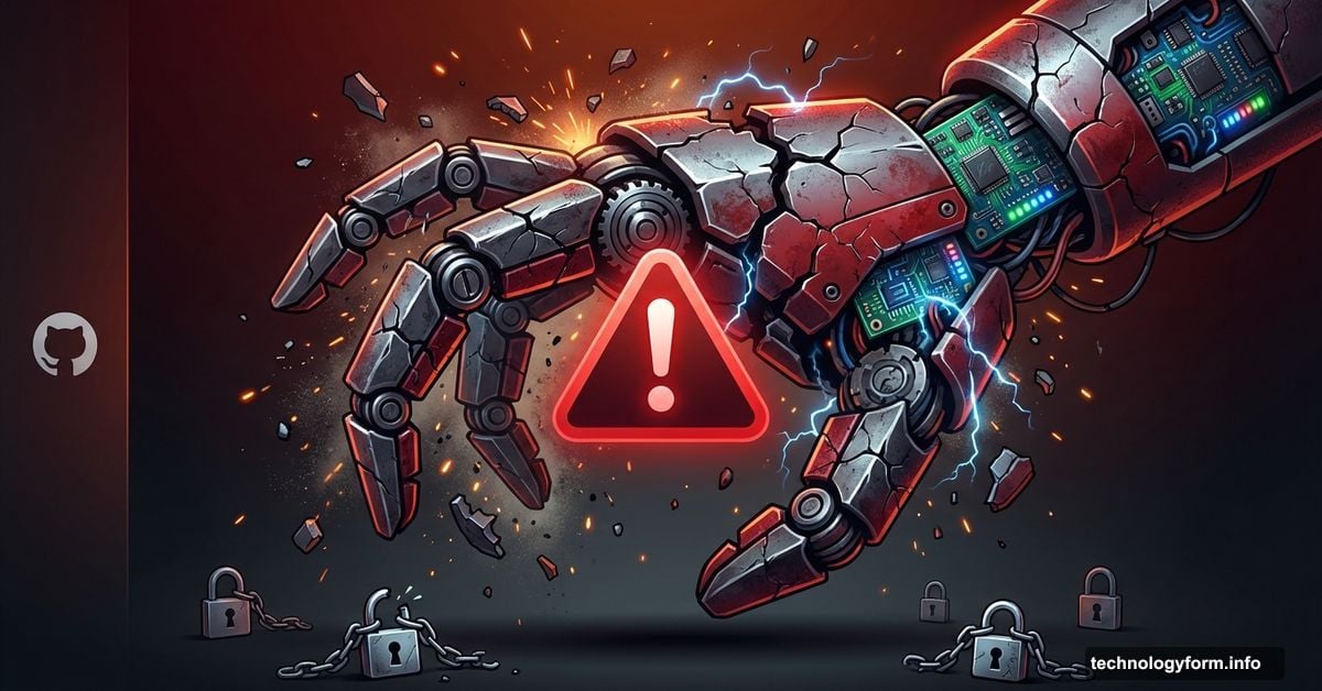 Broken robotic claw with security warning shield and scattered locks