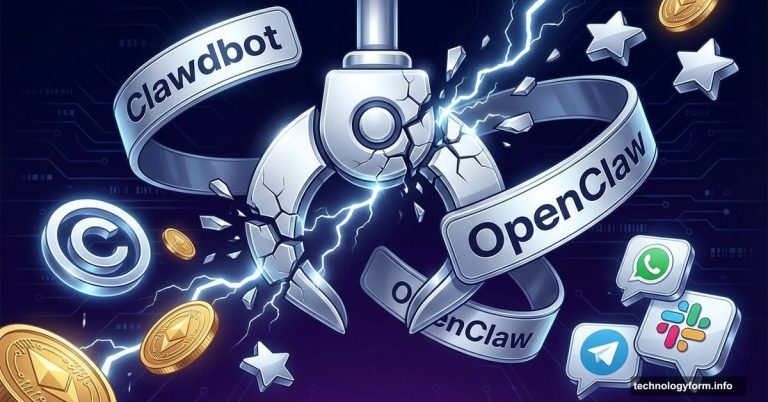 Fragmenting robotic claw with multiple name tags showing OpenClaw rebrand chaos